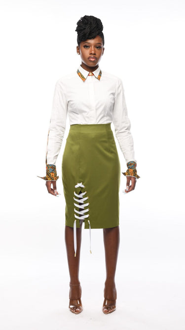 SERENITY Camille Olive Front Laced Pencil Skirt